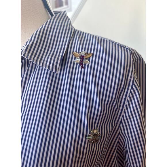 Talbots Blue & White Pin Stripe Rhinestone Bug & Flower Button Down - Picture 4 of 8